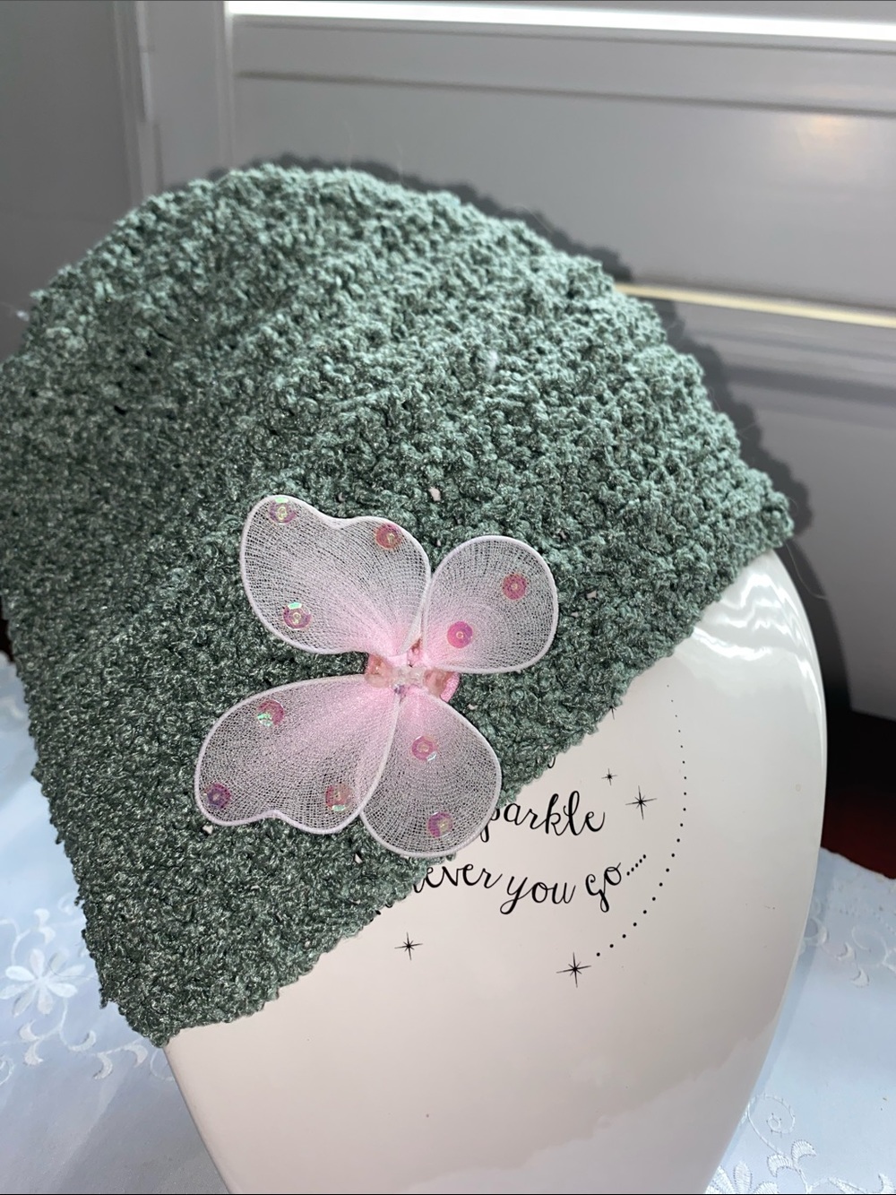 Handmade Textured Green Beanie with Pink Butterfly Accent